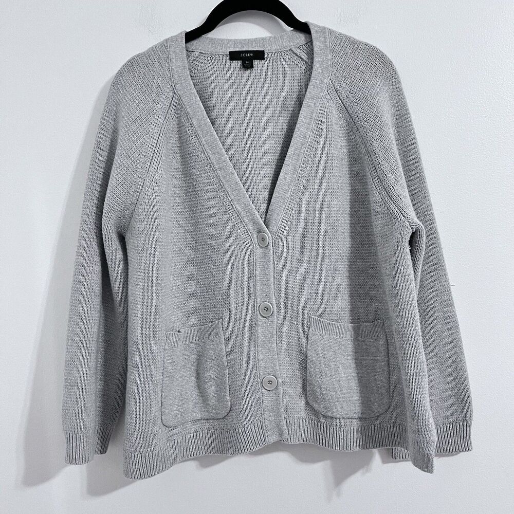 J. Crew Knit Cardigan Sweater Size M Gray Chunky Minimalist Career Capsule Basic